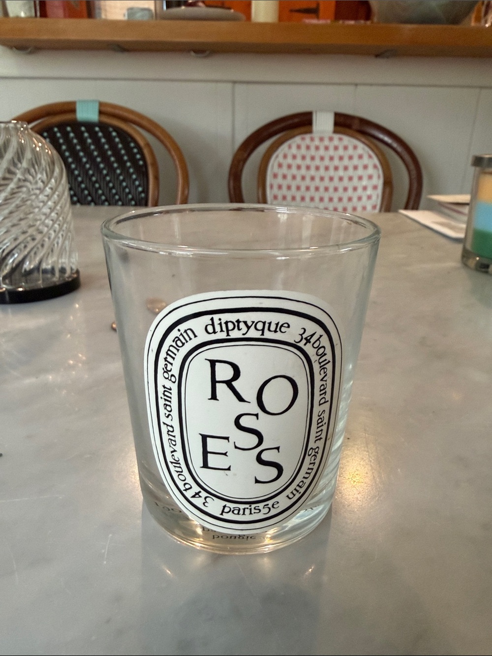 diptyque Clear Glass 'ROSES' Candle Holder with Black Label empty